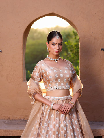 Beige Lehenga In Thread and Mirror Work
