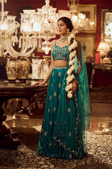 Bottle green lehenga set in Net