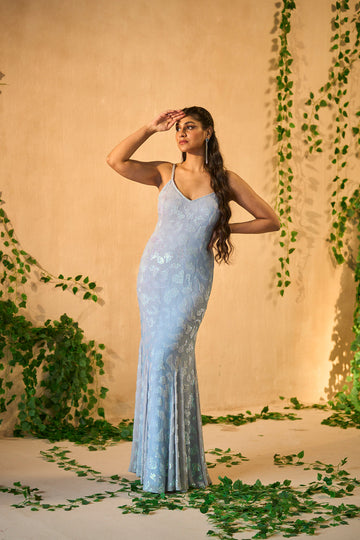 Blue abstract embroidered strappy gown in georgette