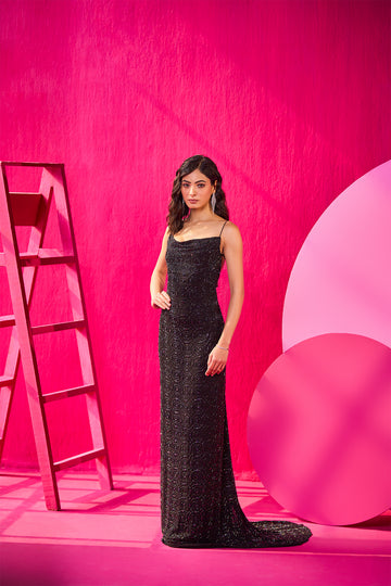 Black backless tale gown in georgette with fully hand embroidered