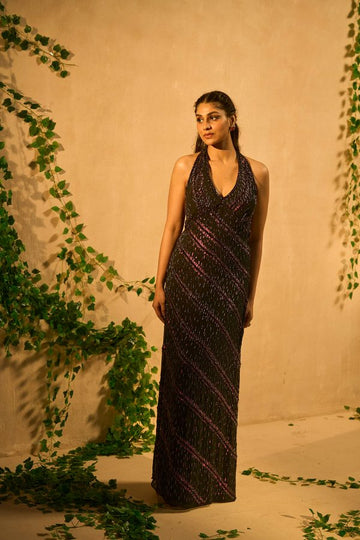 Black-wine hand embroidered gown in georgette
