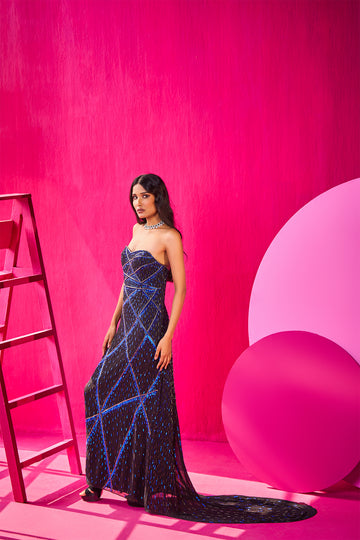Ink blue criss-cross embroidered tube gown in georgette