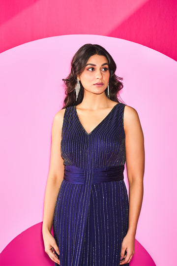 Midnight blue Georgette silver embroidered gown