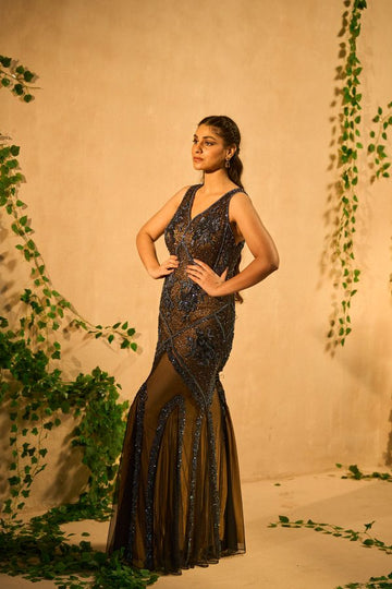 Mud brown hand embroidered gown in net and satin