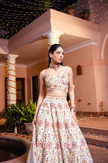 Ivory hand embroidered lehenga in silk