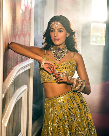Mehendi green lehenga in silk with gotta patti embroidery