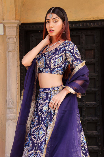 Navy Blue Printed Lehenga With Handwork