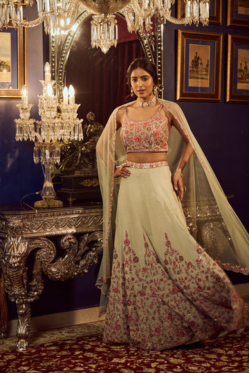 Pastel green lehenga set with mirror work in crepe