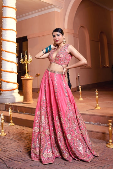 Pink fully embroidered lehenge in silk with mirror work