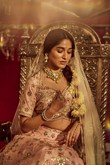 Pink hand embroidered silk lehenga set