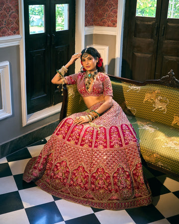 Rani Pink fully hand embroidered lehenga set in silk