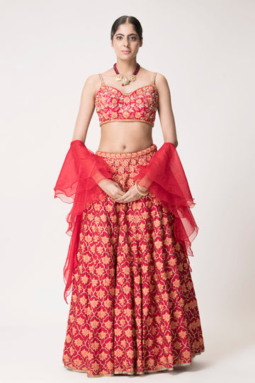 Red embroidered lehenga in Silk