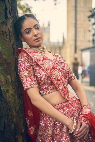 Red hand embroidered lehenga