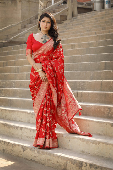 Blood Red Banarasi Saree In Silk