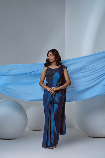 Blue satin pre-draped saree with beaded blouse