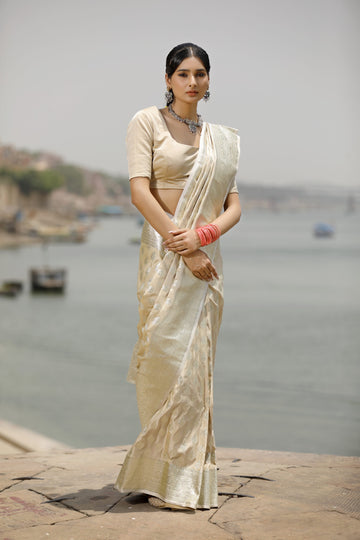 Cream Banarasi Saree In Silk
