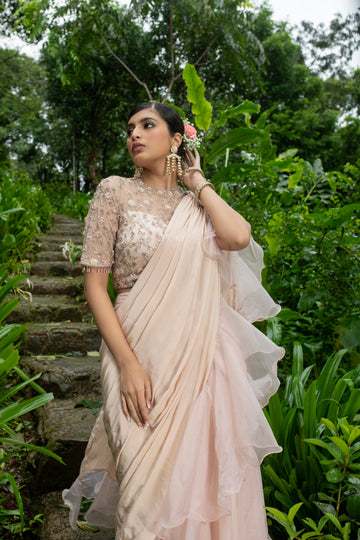 Draped Skirt Ruffle Saree With Full Handwork Blouse