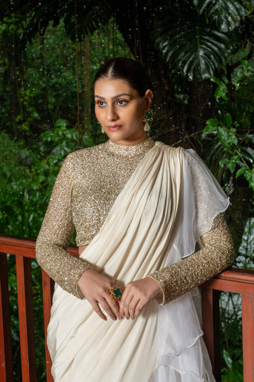 Draped Skirt Ruffle Saree With Full Handworked Blouse