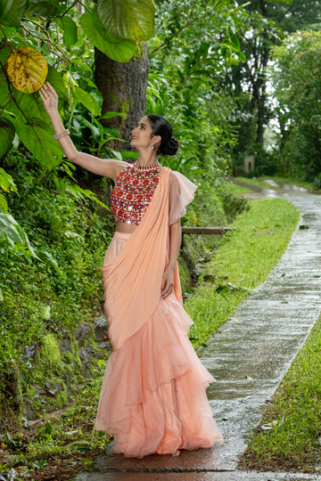 Draped Skirt Ruffle Saree With Full Multicoloured Mirror Work Blouse