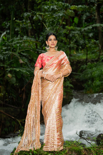 Gold Striped Saree In Tissue Organza