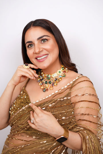 Golden hand embroidered saree in net