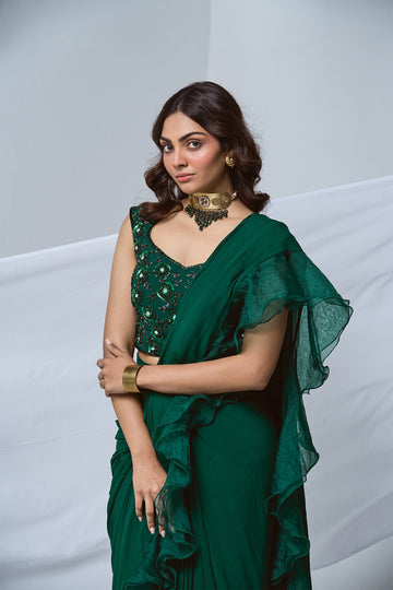Green pre-drape saree georgette, organza ruffle with beaded blouse