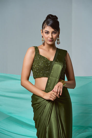 Green pre-drape saree IN SATIN with beaded blouse