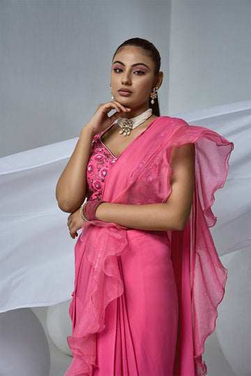 Pink Ruffle Saree in Crepe with Organza Frill and Beaded Blouse