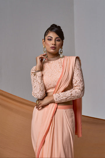 Peach Ombré pre-drape saree IN CREPE with lacy blouse