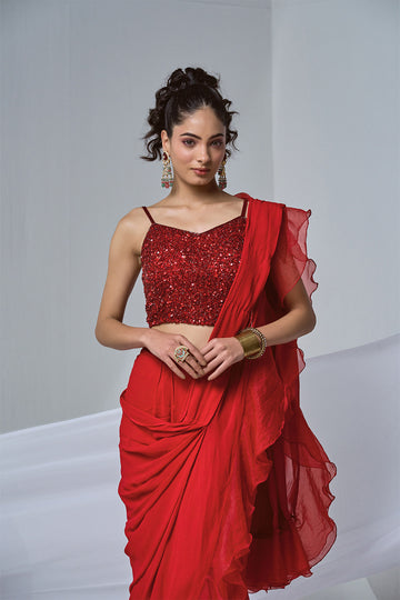 Red GEORGETTE organza ruffle pre-draped saree with sequin blouse