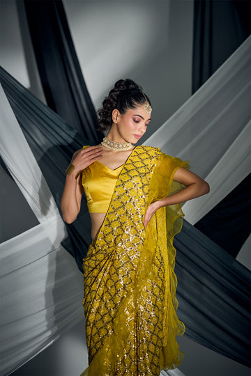 Mustard Beaded georgette and organza ruffle pre-drape saree with satin blouse