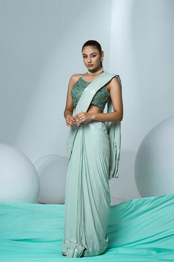 Mint green pre-drape saree IN SEQUIN with beaded blouse