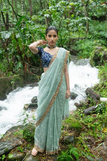 Ice Blue Saree In Tissue Organza