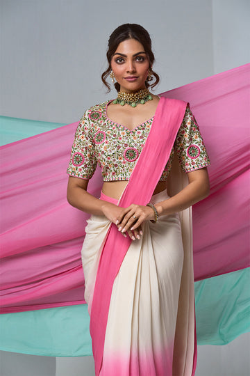 Ombré pink and white pre-drape saree with embroidered blouse