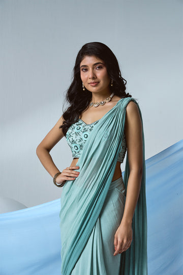 Ombre Green draped saree with beaded blouse in crepe