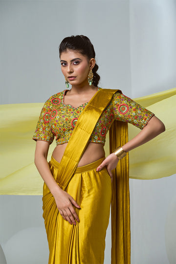 Mustard Satin pre-draped saree with embroidered blouse