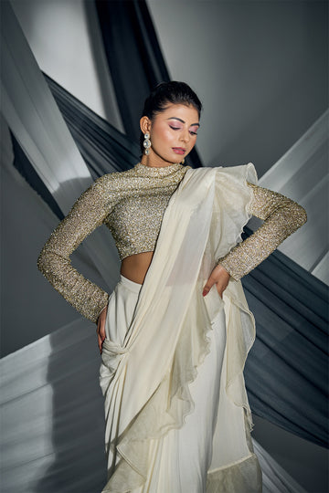 White GEORGETTE Organza ruffle saree with fully beaded blouse