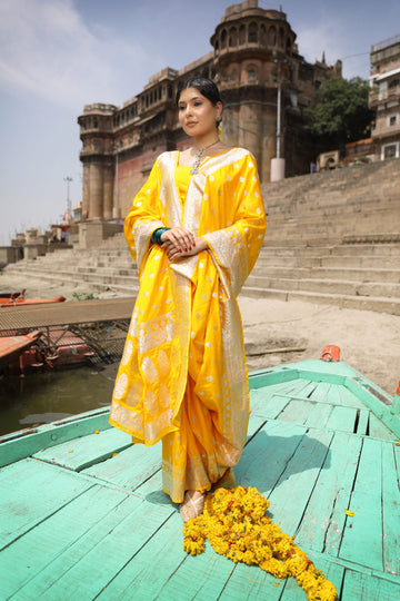 Vibrant Yellow Banarasi Saree In Silk