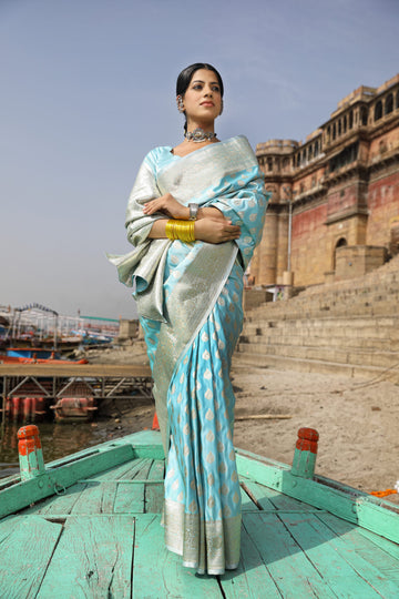 Sky Blue Banarasi Saree In Silk