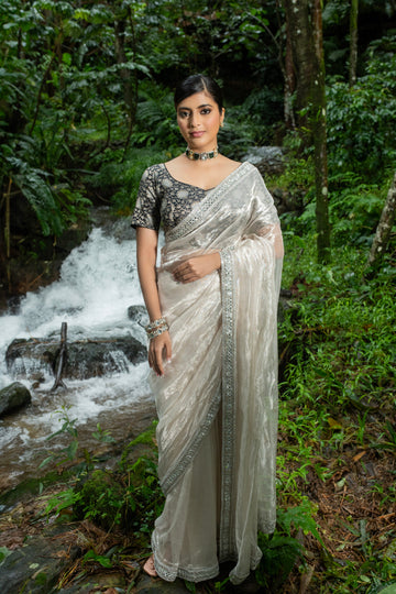 Silver Saree In Tissue Organza