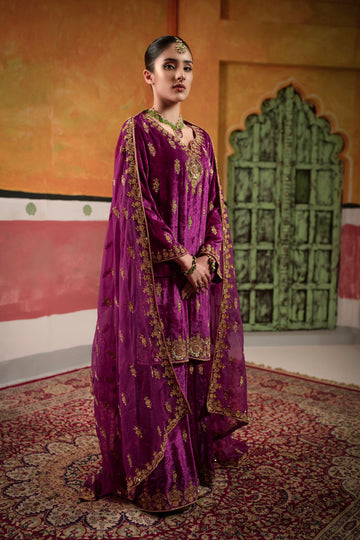 Purple Pink Velvet Set With Full Gold Handwork