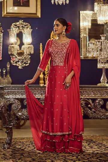 Rani pink hand embroidered Kurta in silk and sharara in georgette