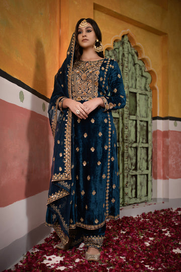Teal blue Kurta in silk and sharara in georgette