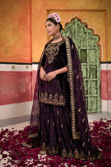 Velvet Dark Purple Short Suit With Sharara Fully Gold Handwork