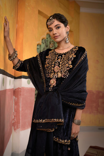 Velvet Navy Blue Short Suit With Sharara