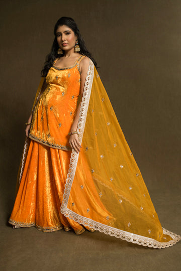 Velvet Mustard Yellow Short Suit With Sharara