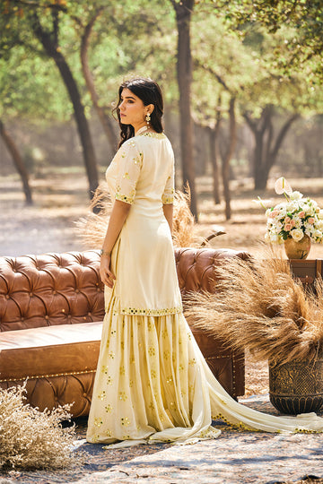Yellow mirror work KURTA AND Sharara IN SILK with dupatta
