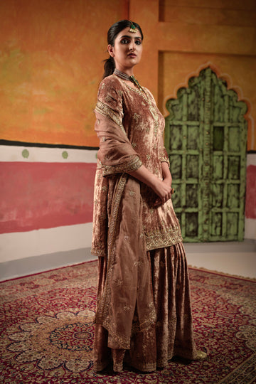 Beige Gold Velvet Suit With Sharara Fully Gold Handwork