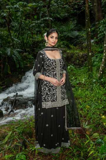 Black Short Suit With Sharara Full Handwork