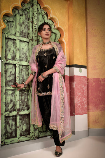 Black Velvet Suit With Salwar with Baby Pink Dupatta